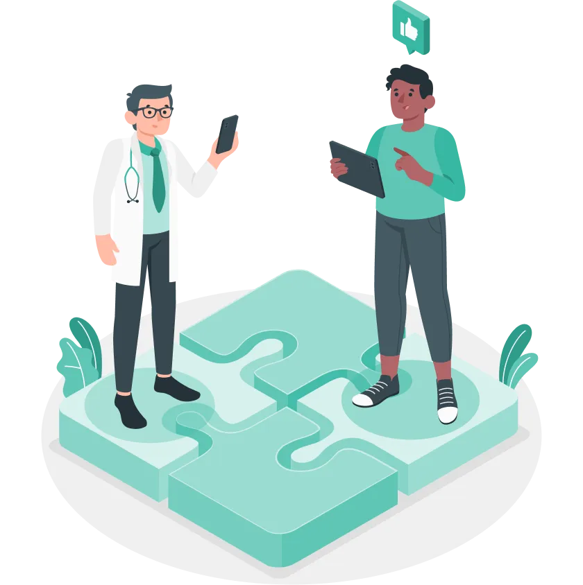 Puzzle stilizzato con al di sopra un medico e un paziente simboleggia la versatilità della soluzione di sanità digitale offerta da iMed.